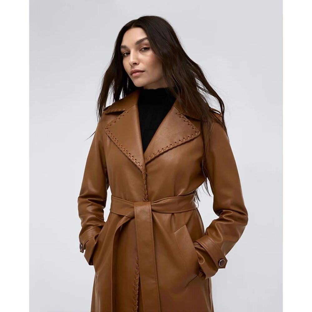 Kenneth Cole Faux Leather Belted Trench Coat In Cognac Size L